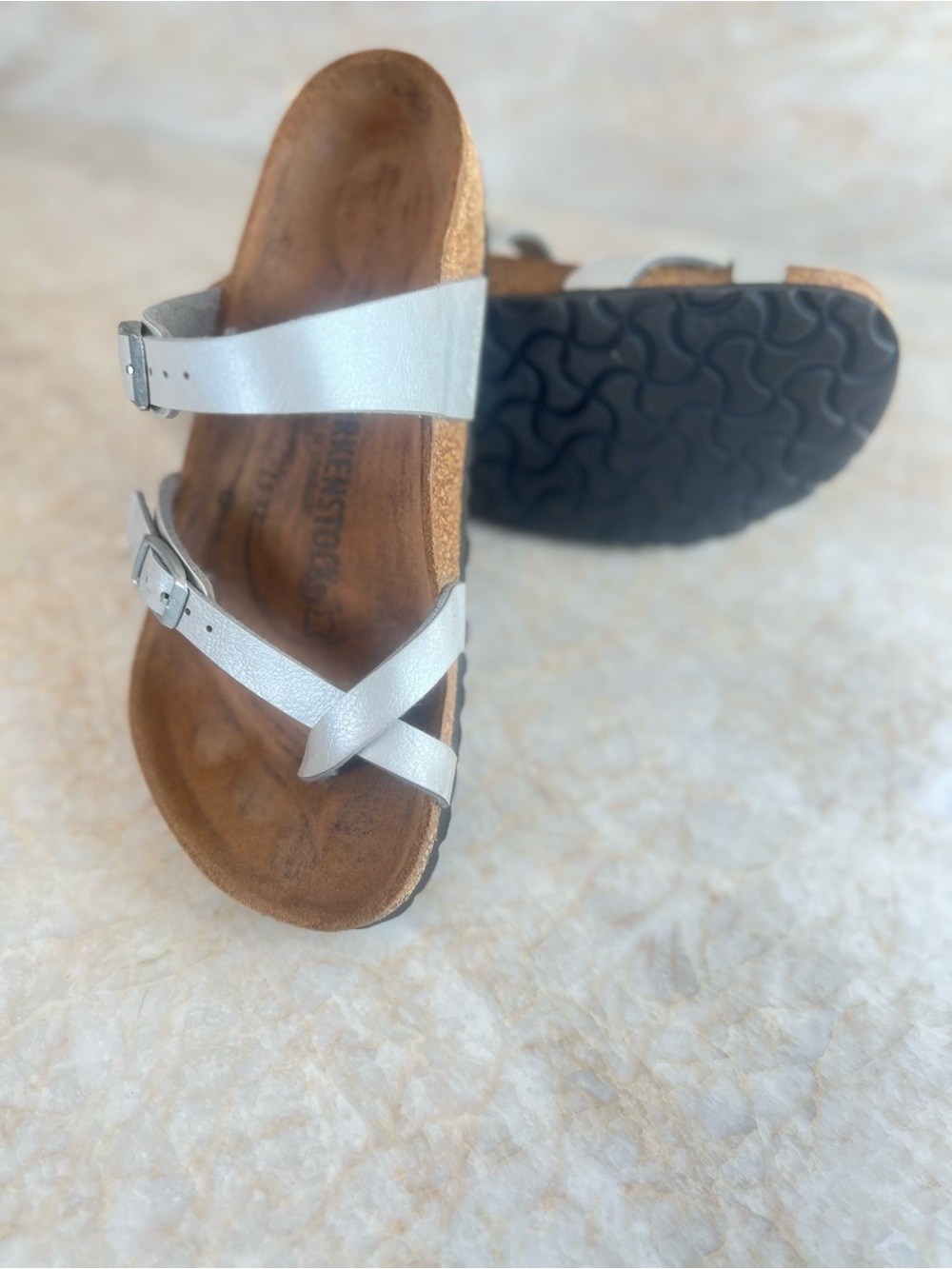 Birkenstock Silver Cross-Strap Cork Footbed Sandals